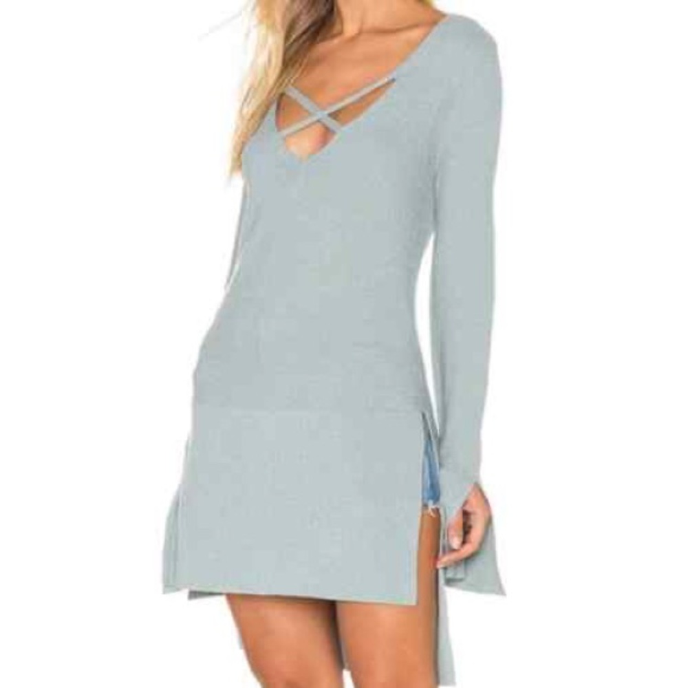 Free People Sz M Crisscross Tunic Sweater Dress Light Slate Blue/Green